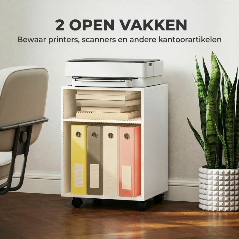 HOMCOM Printerstandaard Printertafel met 2 open planken en wieltjes met rem voor Kantoor Thuis Fax Scanner 40 x 35 x 56 cm Wit