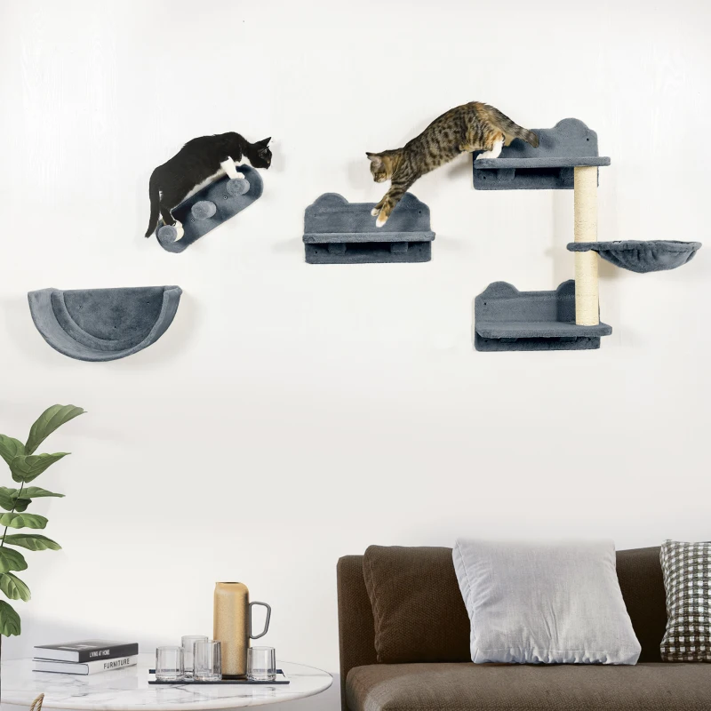 PawHut Klimwand-Set voor Katten, Hangmat, Krabplank, Springplatforms, Pluche, Sisal, Grijs