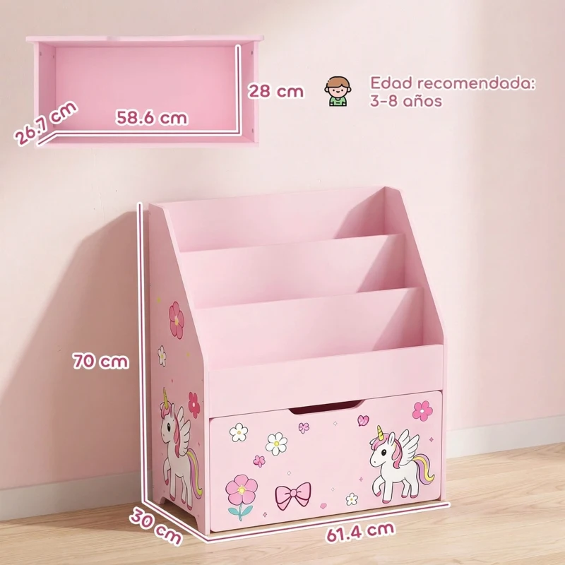 AIYAPLAY Librería Infantil con Cajón Móvil y 3 Estantes Estantería para Libros Diseño de Unicornio Montessori 3 a 8 Años Rosa
