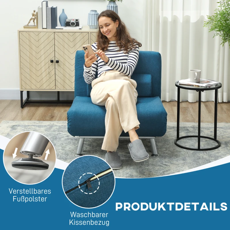HOMCOM Opklapbare stoel met bedfunctie, opklapbare relaxstoel in linnen-look, verstelbare rugleuning, 75 x 70 x 75 cm, Blauw