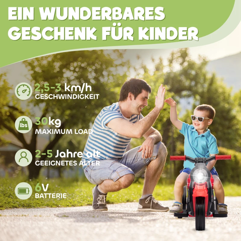 AIYAPLAY Kinder Elektro-Motorfiets, 6V Kindermotorfiets met Muziek, Bellen 2,5-3 km/u, voor 2-5 Jaar Kinderen