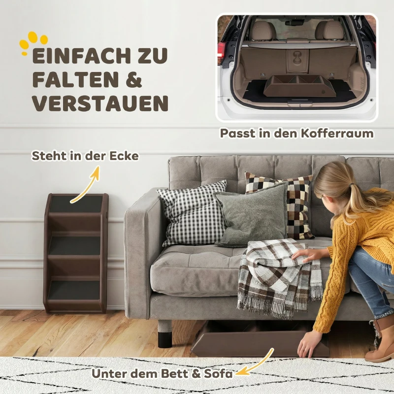PawHut Huisdiertrap 3 Treden 36,5 cm Hoog Hondentrap voor Kleine Honden Inklapbaar voor Bed, Bank, Sofa en Auto Bruin