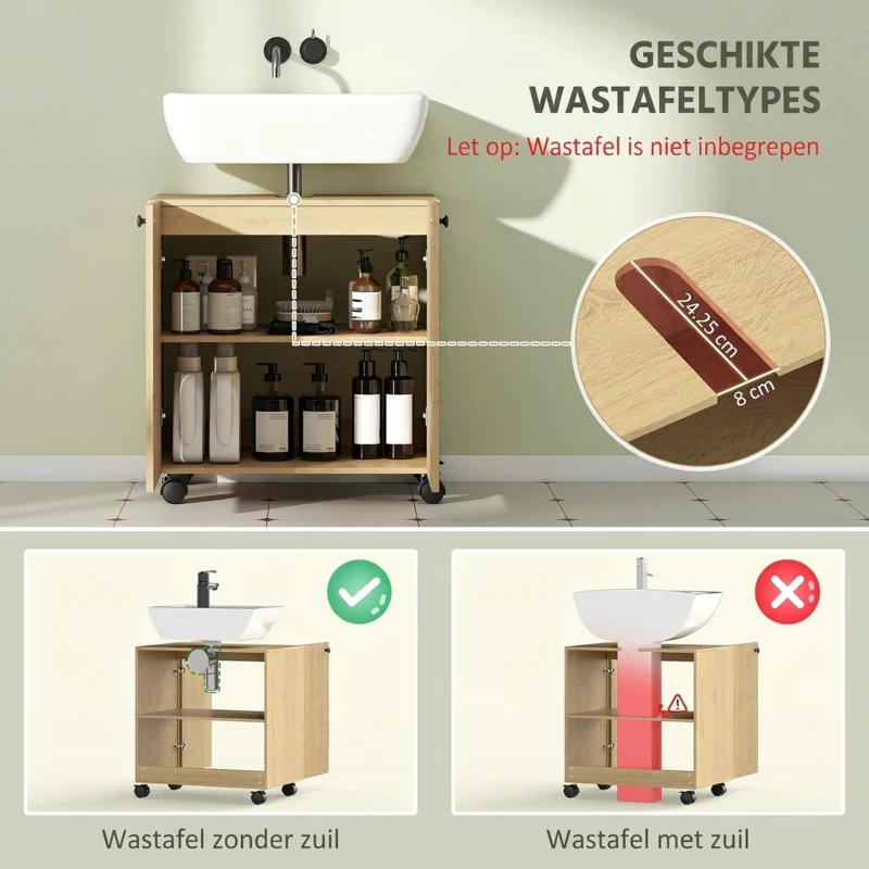 HOMCOM Wastafelonderkast voor badkamer, 3-niveaus plank, wielen, hout(m-4)