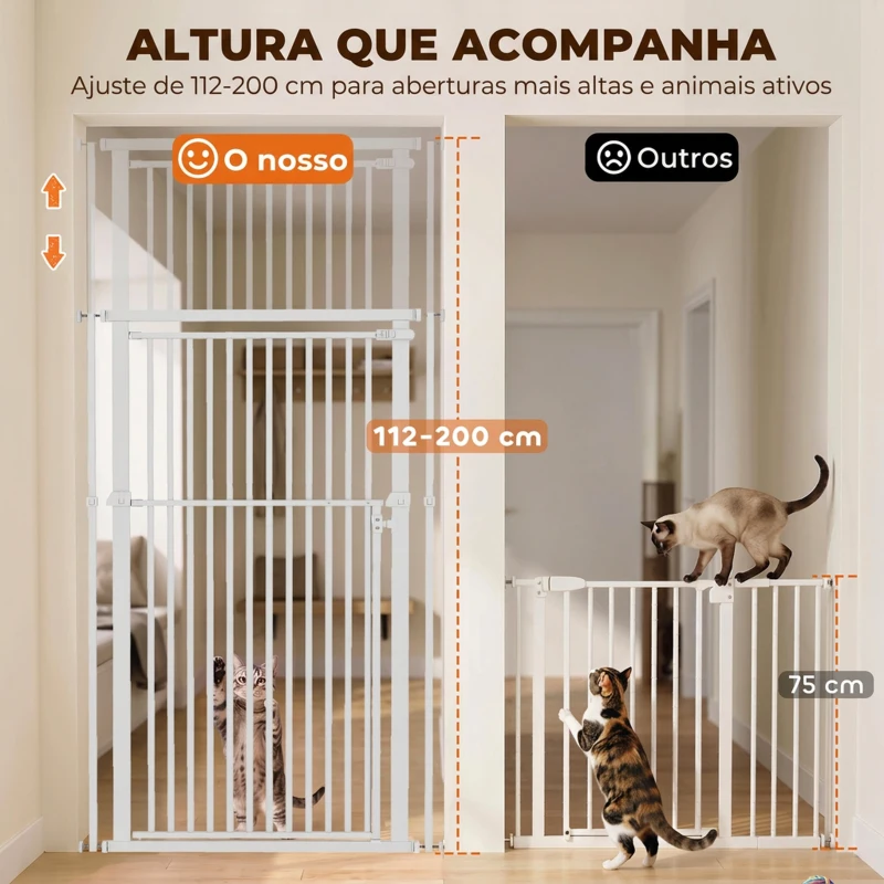 PawHut Barreira de Segurança Extra Alta para Crianças, Cães e Gatos 112-200 cm, Largura Ajustável 76-85 cm para Portas e Escadas