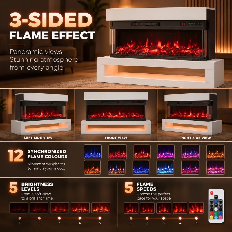 HOMCOM 3-Sided Electric Fireplace, Freestanding/Wall Mounted Electric Fire Heater with Adjustable Flame, Mood Light, ECO Mode