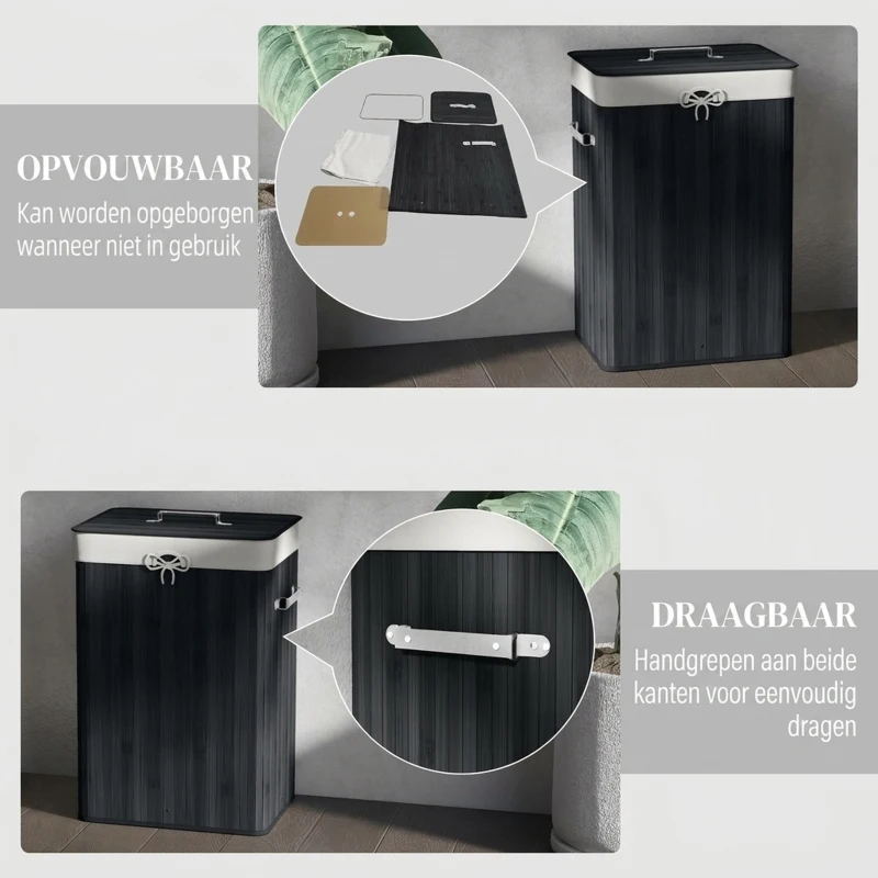 HOMCOM Wasmand, wasbox, wasverzamelaar met deksel, zeildoek zak, bamboe, vouwbaar, 72L, zwart 40 x 30 x 60 cm