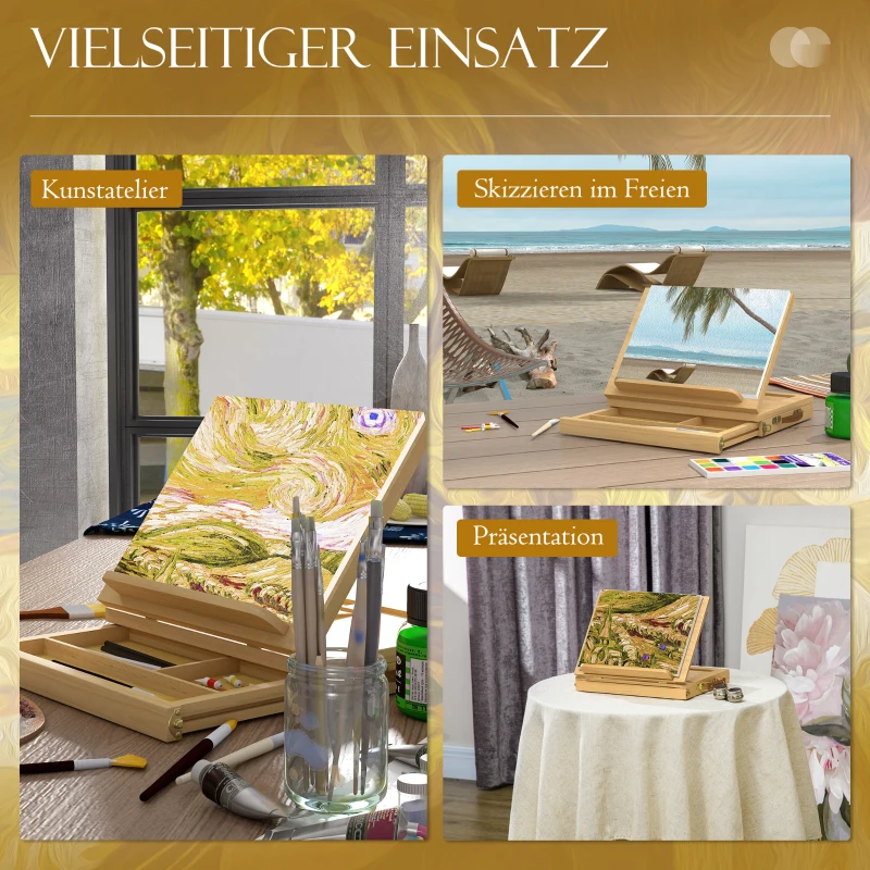 Vinsetto Tafel schildersezel, kleine schildersezel, 1 lade, 3 vakken, massief hout, natuurlijk