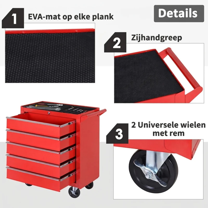 DURHAND Rolwagen, Gereedschapskast voor Garage, Staal, 69L x 33B x 75H cm, Rood