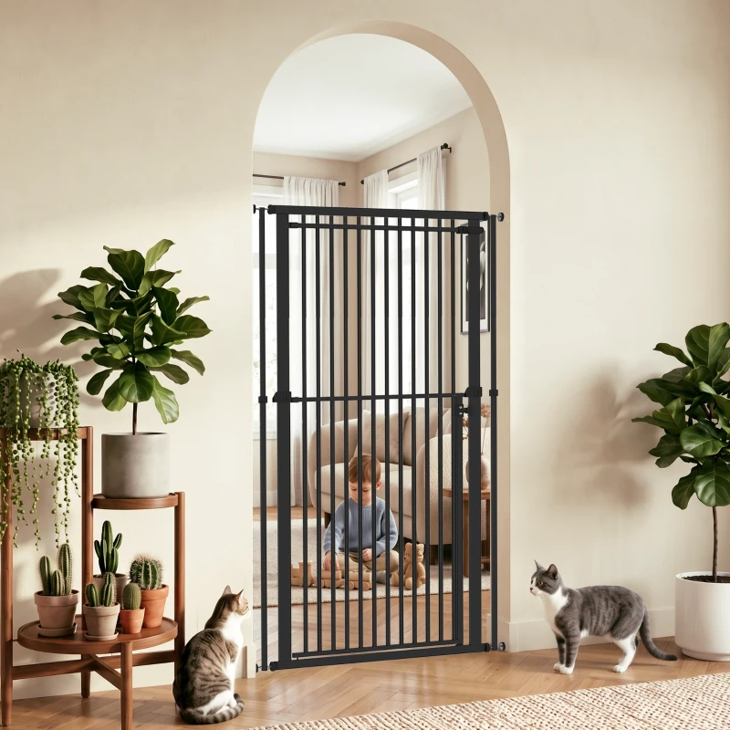 PawHut Barreira de Segurança Extra Alta para Crianças, Cães e Gatos 112-200 cm, Largura Ajustável 76-85 cm, para Portas e Escadas
