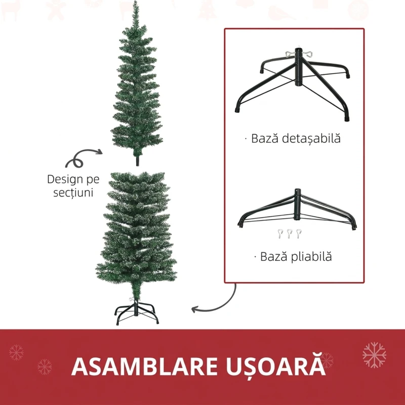 HOMCOM Brad de Crăciun Slim Nins cu 443 de Ramuri, Bază Detașabilă și Pliabilă, Ø48x165 cm, Verde