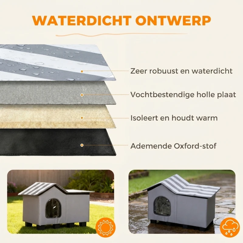 PawHut Waterafstotend kattenhuis met afneembaar zadeldak, warmte-isolatie en platform, 70 x 43 x 45 cm, grijs