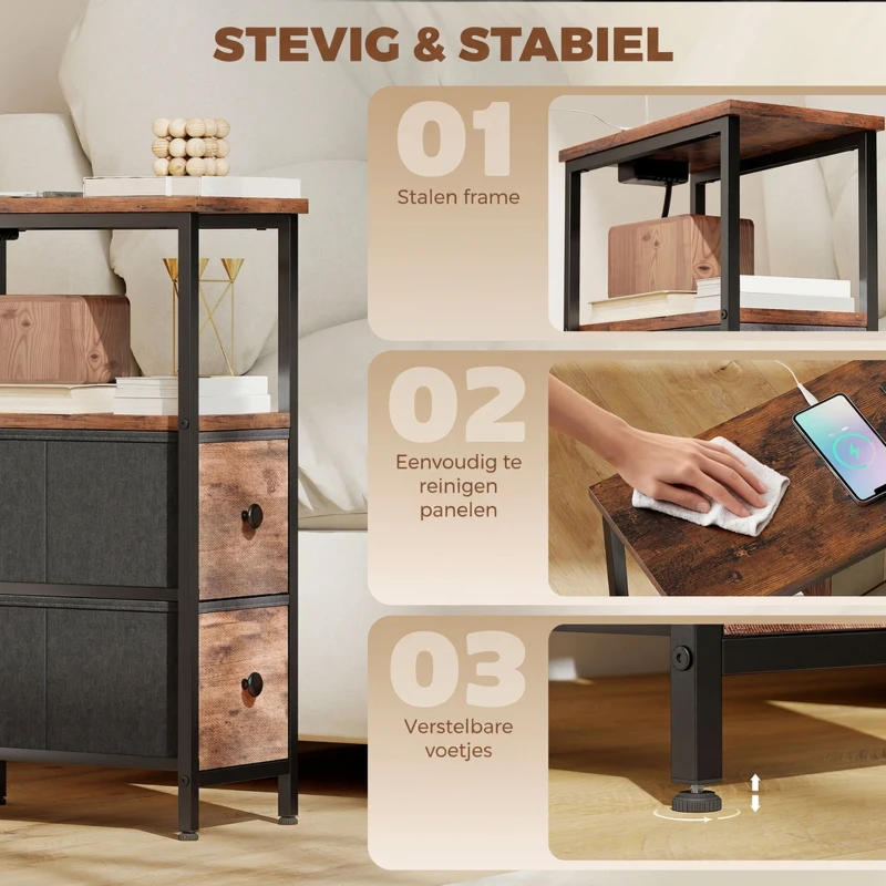 HOMCOM Salontafel/bijzettafel met laadstation, stalen frame, 2 stofladen, open vak, 20cm x 40cm x 63cm, Rustiekbruin