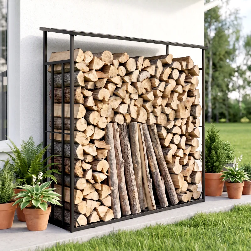 Outsunny Abri-bûches range-bûche extérieur charge maximale 2000 kg avec housse de protection imperméable 185 x 62 x 184 cm noir