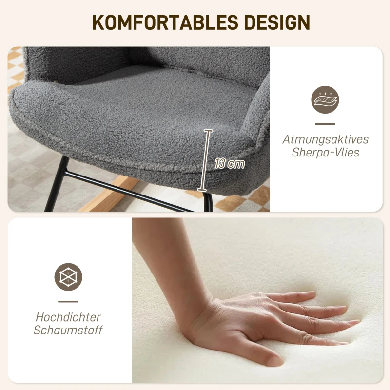 HOMCOM Schommelstoel met Voetenbank, zachte Fleece Bekleding, Houten Poten, Kussen, Hoge Rugleuning, Schommelstoel, Donkergrijs