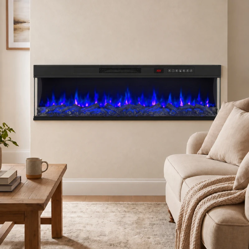 HOMCOM 60" Electric Fireplace Insert, 3-Sided Freestanding/Wall Recessed Electric Fire Heater with Adjustable Flame, 1800W