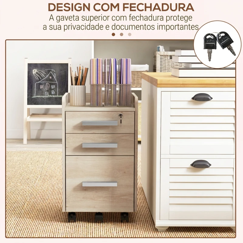 HOMCOM Gaveteiro de Secretária com Rodas, 3 Gavetas, Fechadura e 2 Chaves, Barras Ajustáveis para Arquivo, 39,2x40x65,4 cm, Carvalho