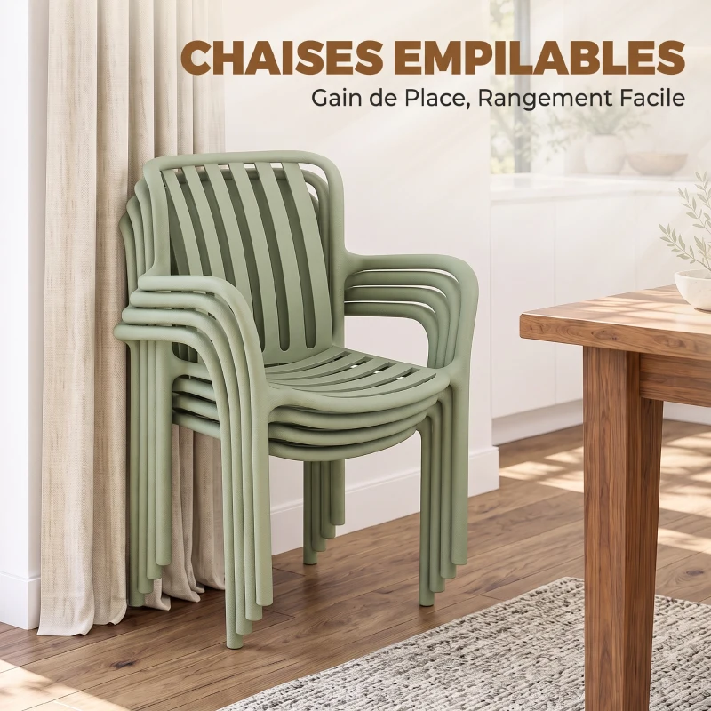 HOMCOM Lot de 4 Chaises Salle à Manger, Chaises de Cuisine Empilables en PP avec Dossier Incurvé à Lattes et Accoudoirs, Vert