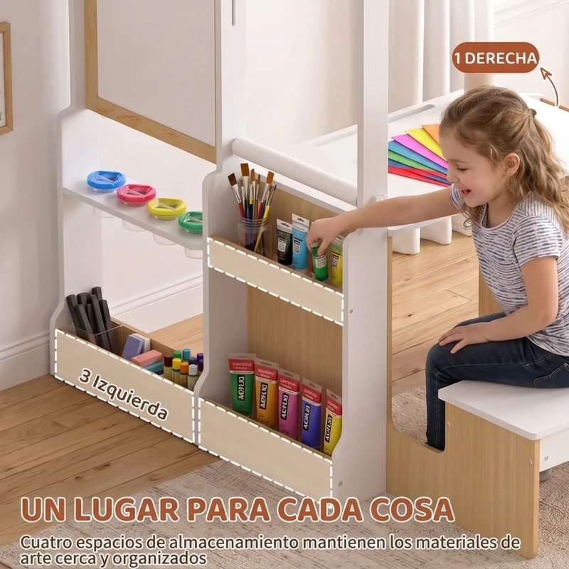 AIYAPLAY Mesa Infantil con Silla 5 en 1 con Pizarra Negra/Blanca y Rollo de Papel Almacenaje 4 Vasos de Pintura 3-8 Años Blanco