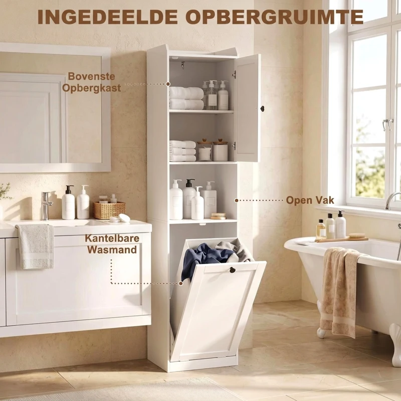 HOMCOM Hoge Badkamerkast met Wasmand, 40 cm Breed, Wit