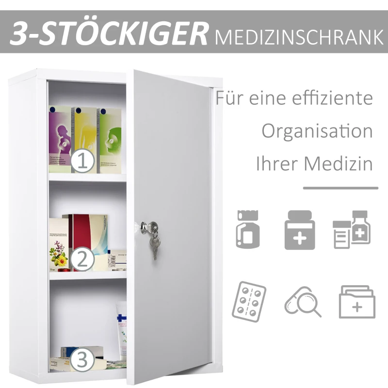 kleankin Medicijnkastje met Slot 3 Schappen Staal Wit 40 x 18 x 60 cm(m-5)