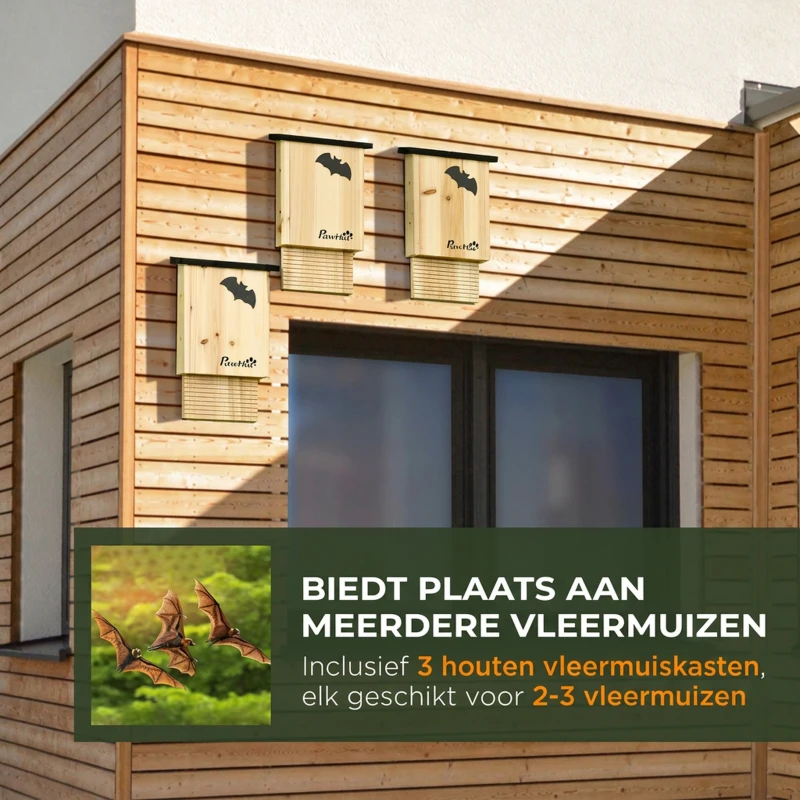 PawHut Set van 3 weerbestendige vleermuishokken, tot 3 vleermuizen per huis, behandeld dennenhout, natuurlijk+ zwart