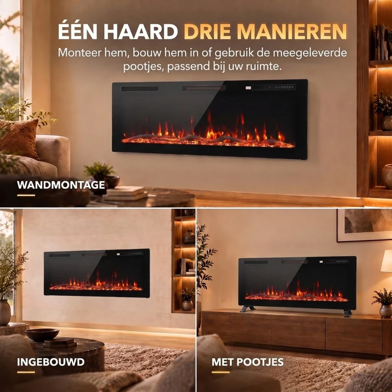 HOMCOM Ultradunne elektrische haard 127 cm voor inbouw en wandmontage, met afstandsbediening