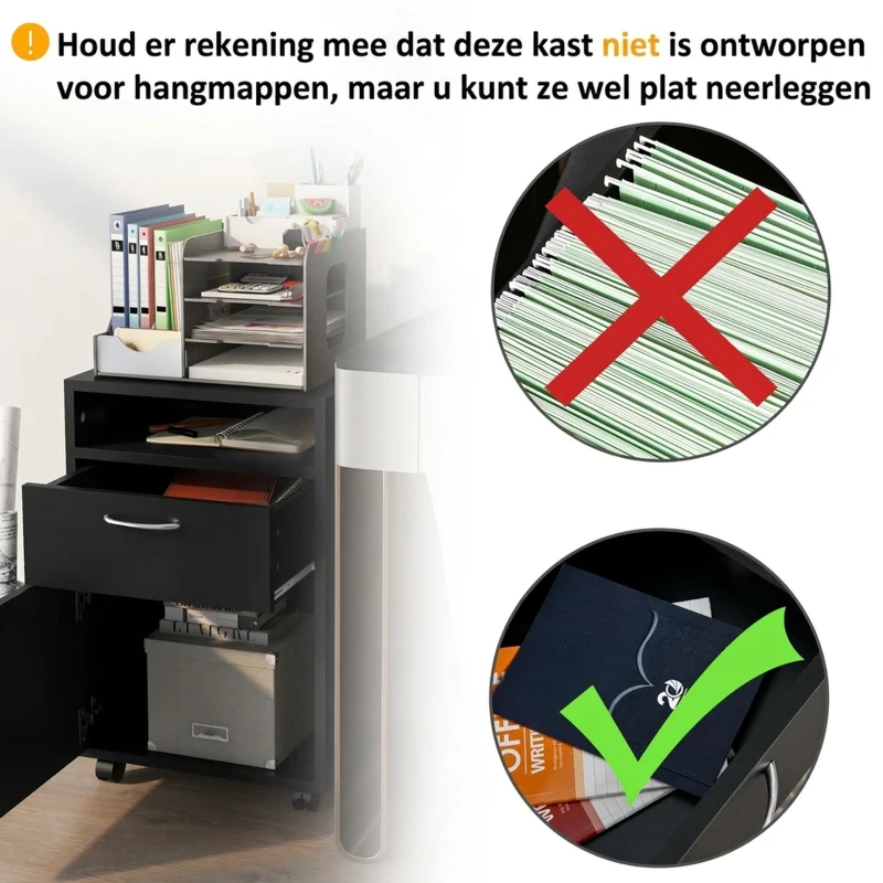 HOMCOM Rolcontainer met lade, 1 vak, 1 plank, 1 lade, 40 cm x 3 cm x 60 cm, Zwart