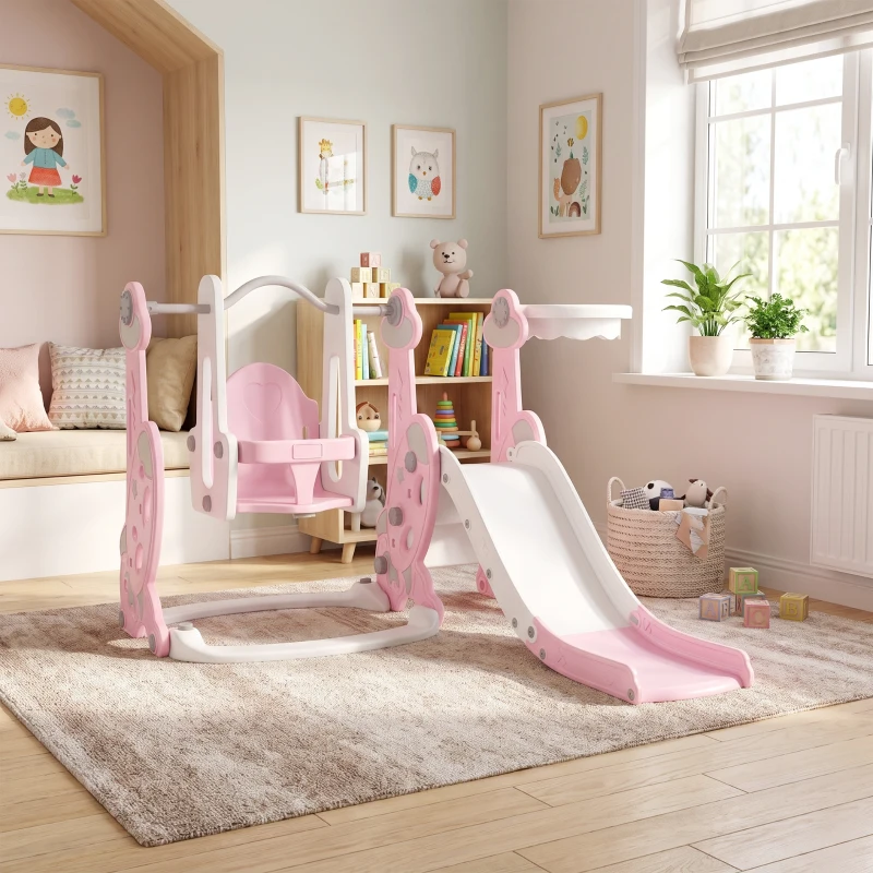 AIYAPLAY Toboggan et balançoire pour enfants 4 en 1 avec panier de basket et échelle, 147,5 x 160 x 107 cm, rose