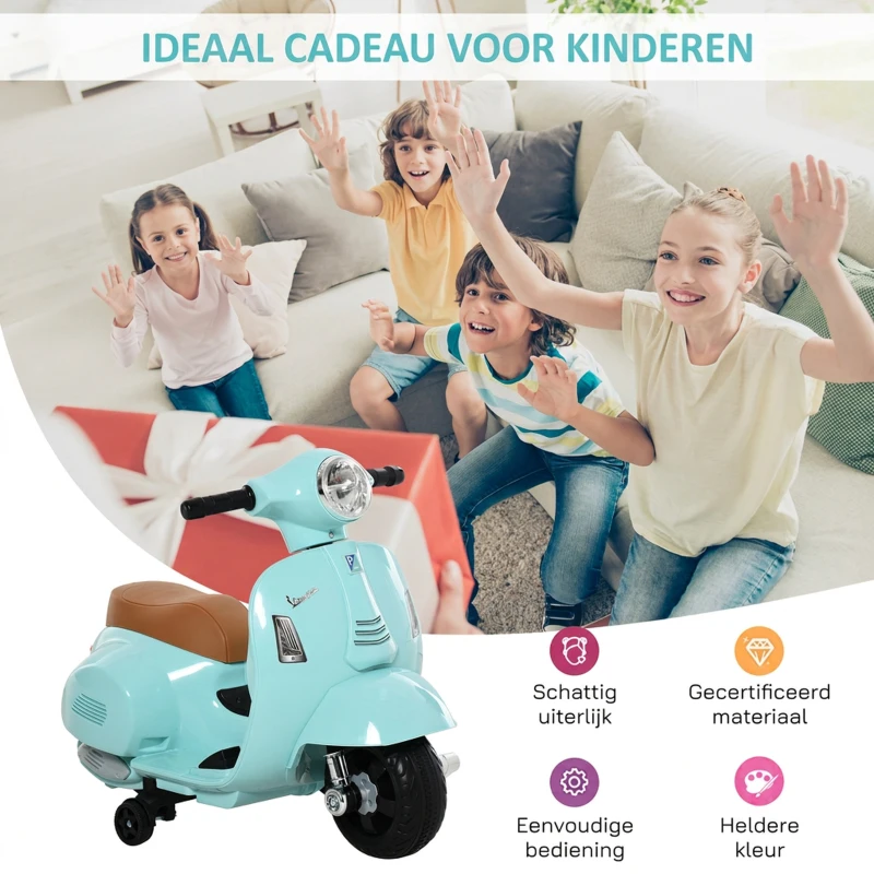 HOMCOM VESPA elektrische motorfiets kindermotorfiets elektrisch voertuig 18-36 maanden 3 km/h LED licht geluid PP-kunststof metaal groen 66.5 x 38 x 52 cm