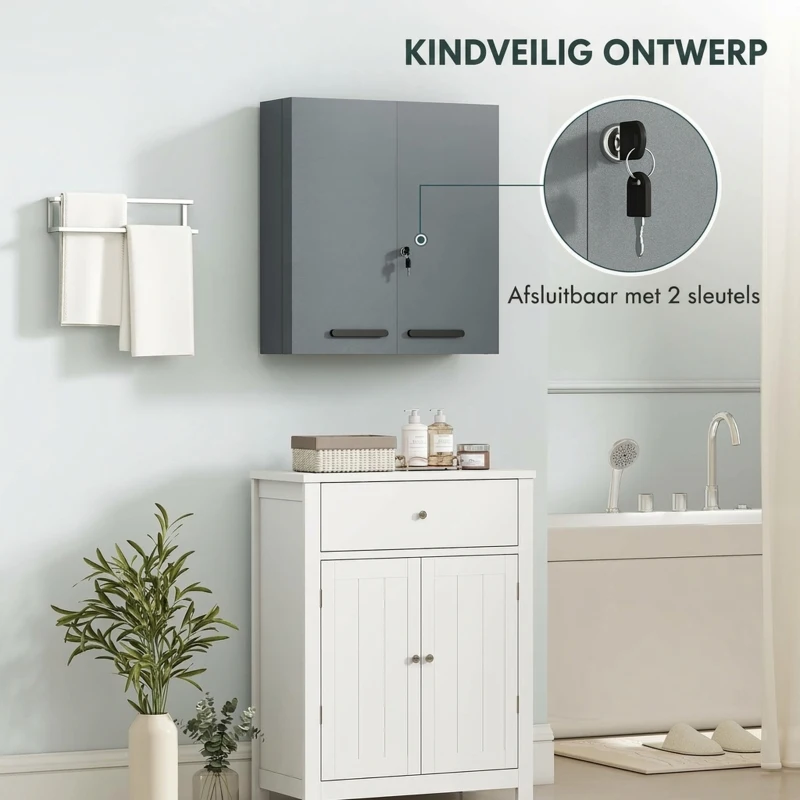 kleankin Medicijnkast, afsluitbare medicijnkast met 2 deuren en 6 planken, antracietgrijs
