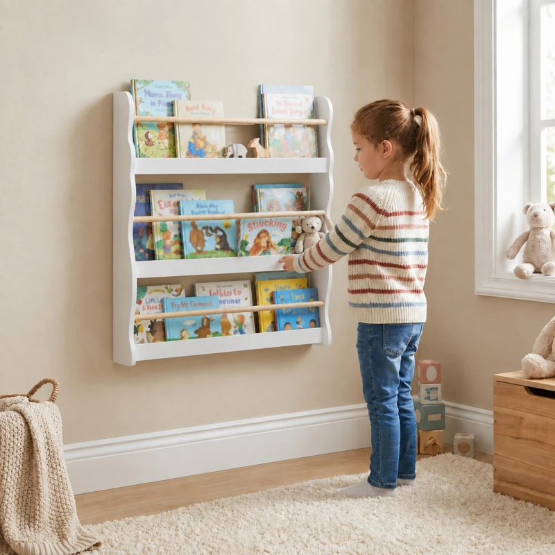 AIYAPLAY Kinderboekenkast voor aan de muur, kinderrek met 3 niveaus, wandrek met kantelbeveiliging, 60 x 15 x 73 cm, wit