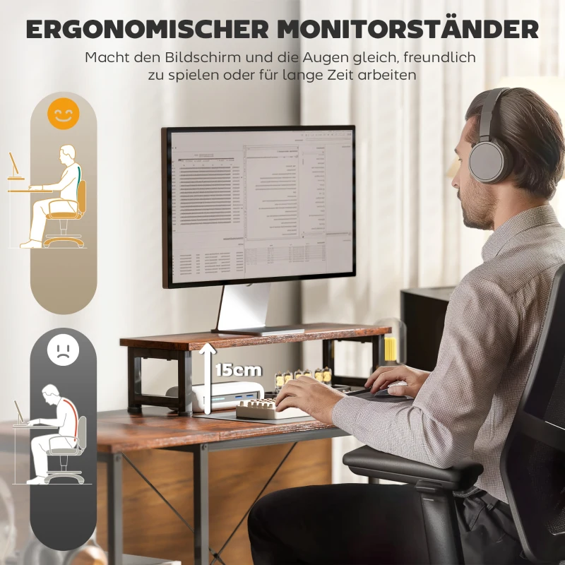 HOMCOM L-vormig bureau, veelzijdige kantoortafel met verstelbare planken en opbergtas, monitorstandaard, Bruin(m-6)