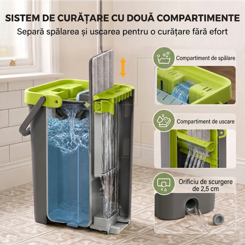 HOMCOM Set Mop și Găleată cu 2 Compartimente și Storcător, 5 Lavete de Rezervă din Microfibră, Gri Închis