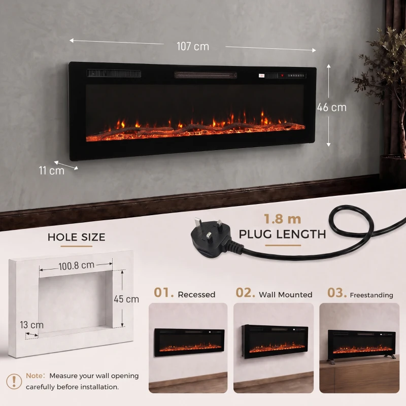 HOMCOM 3 IN 1 Slim Electric Fire, Wall Mounted/Recessed/Freestanding, Electric Fireplace with 12 Flame Colours, 5 Brightness