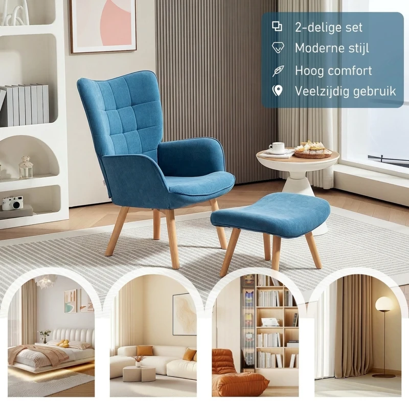 HOMCOM Accentstoel met Hocker, Relaxfauteuil in Corduroy-Look, Armstoel met Houten Poten, voor Woonkamer, Blauw