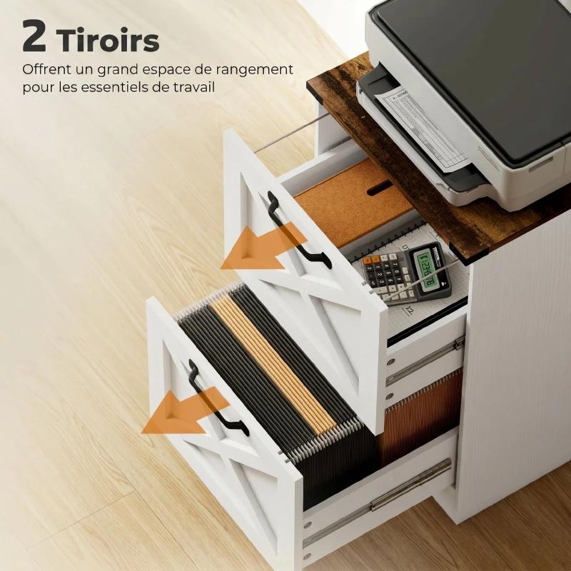 HOMCOM Caisson de Bureau avec 2 Tiroirs, Dossiers Suspendus pour Formats Lettre/A4, Style Rustique, 40x40x71cm, Blanc