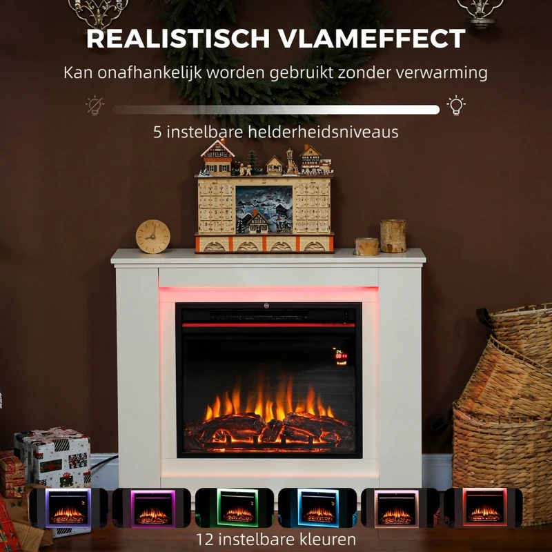 HOMCOM Elektrische haard, realistische vlammen met 12 kleuren, 5 helderheidsniveaus, afstandsbediening, timer, zwart(m-4)