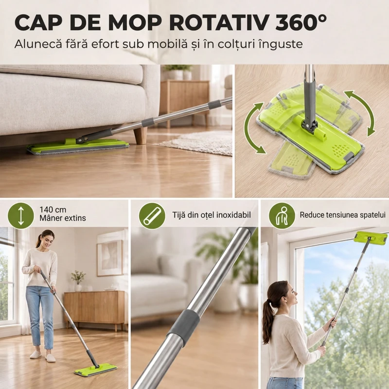 HOMCOM Set Mop și Găleată cu 2 Compartimente și Storcător, 5 Lavete de Rezervă din Microfibră, Gri Închis
