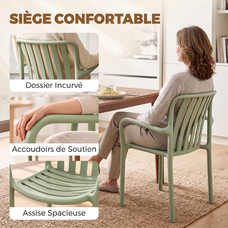 HOMCOM Lot de 4 Chaises Salle à Manger, Chaises de Cuisine Empilables en PP avec Dossier Incurvé à Lattes et Accoudoirs, Vert