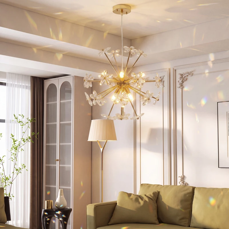 HOMCOM Crystal Chandeliers Ceiling Light with Flower, Modern Pendant Light with Adjustable Height, Ceiling Plate, Clear