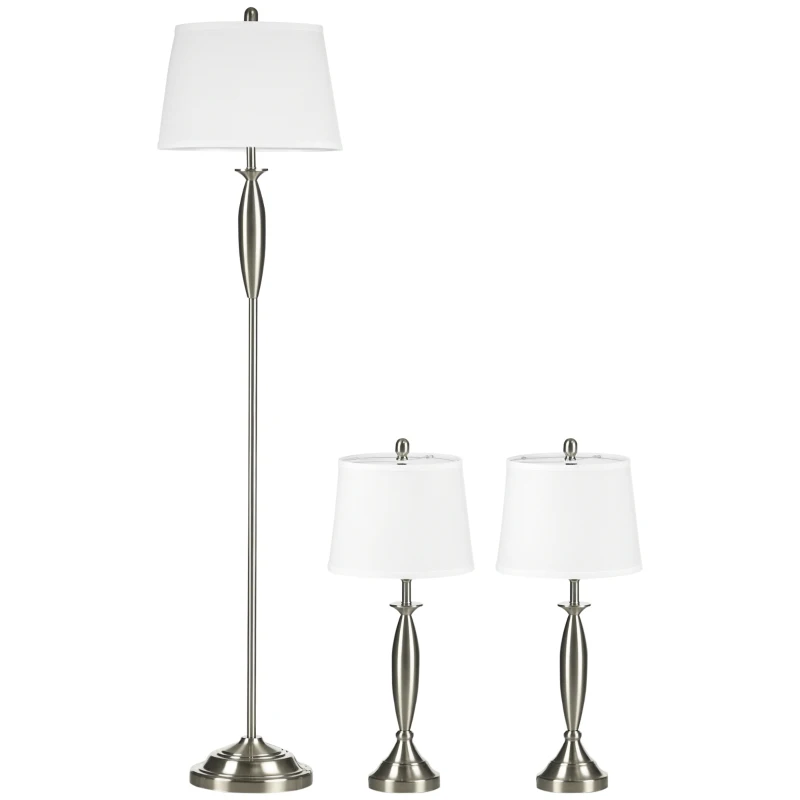 HOMCOM 2-delige lichtset. 1 vloerlamp, 1 tafellamp, linnenlook; 38 cm x 38 cm x 158 cm, zilver+wit
