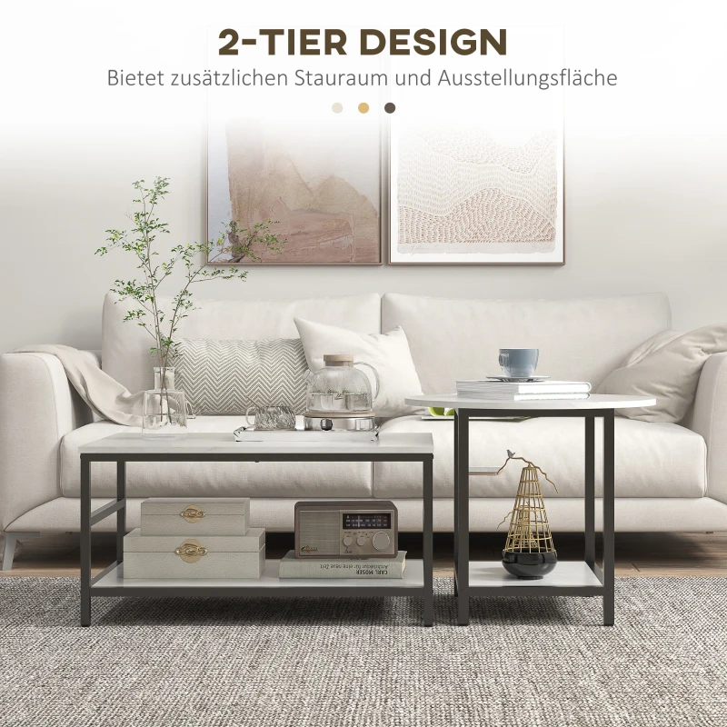 HOMCOM Salontafel Set, 2 Bijzettafels, Marmerlook, Verstelbare Voeten, Staal, Zwart/Wit