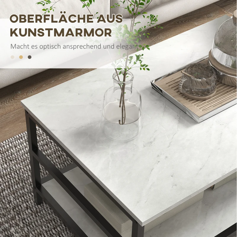 HOMCOM Salontafel Set, 2 Bijzettafels, Marmerlook, Verstelbare Voeten, Staal, Zwart/Wit