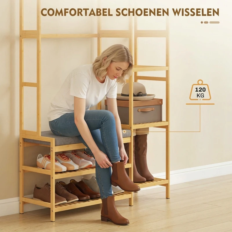 HOMCOM Kapstok met schoenenrek, kledinghaken, jasstandaard, zitbank met kussen, voor hal, entree, natuurhout(m-6)
