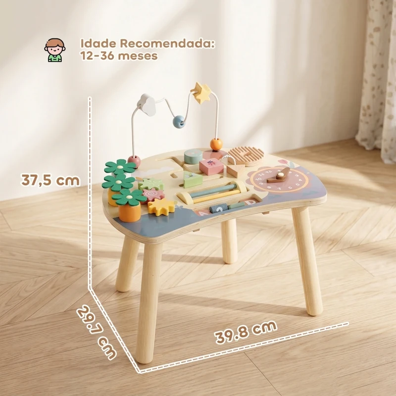 AIYAPLAY Mesa de Atividades em Madeira para Bebé 1-3 Anos, Montessori 6 em 1 com Engrenagens, Labirinto de Contas e Relógio