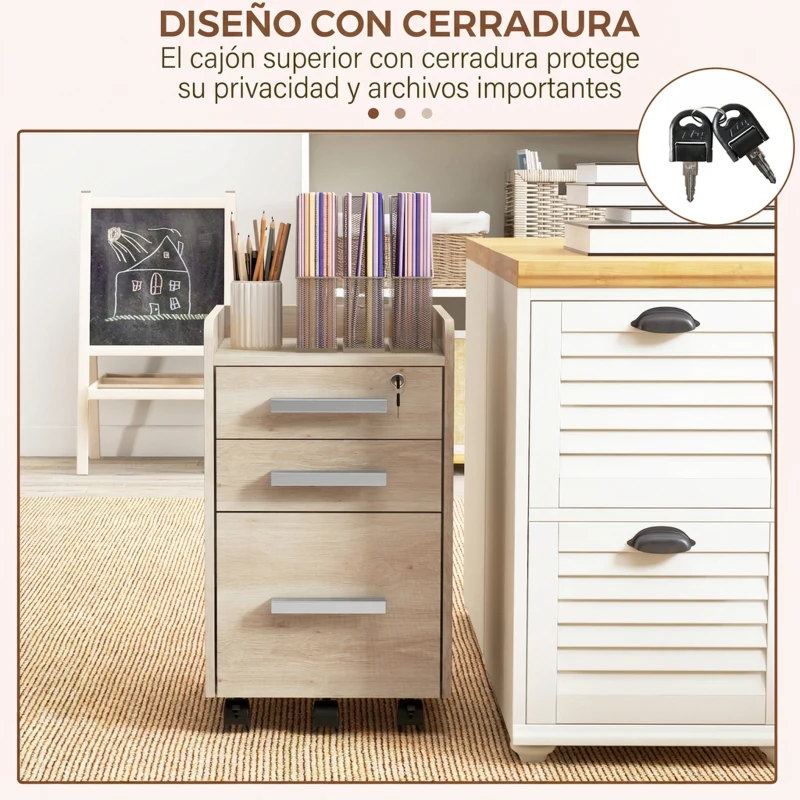 HOMCOM Cajonera Escritorio con Ruedas y 3 Cajones Cerradura y 2 Llaves Barras Ajustables para Archivos 39,2x40x65,4 cm Roble