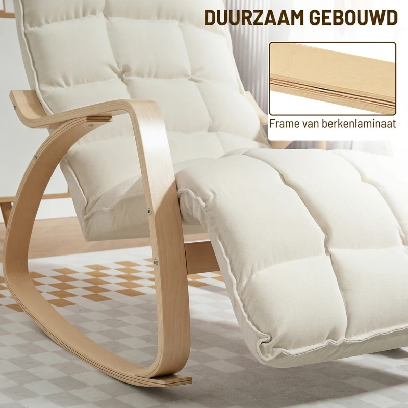 HOMCOM Gestoffeerde Schommelstoel, Ontspanningsfauteuil met Armleuningen en Stalen Frame, voor Woonkamer, Slaapkamer, Cremewit(m-7)
