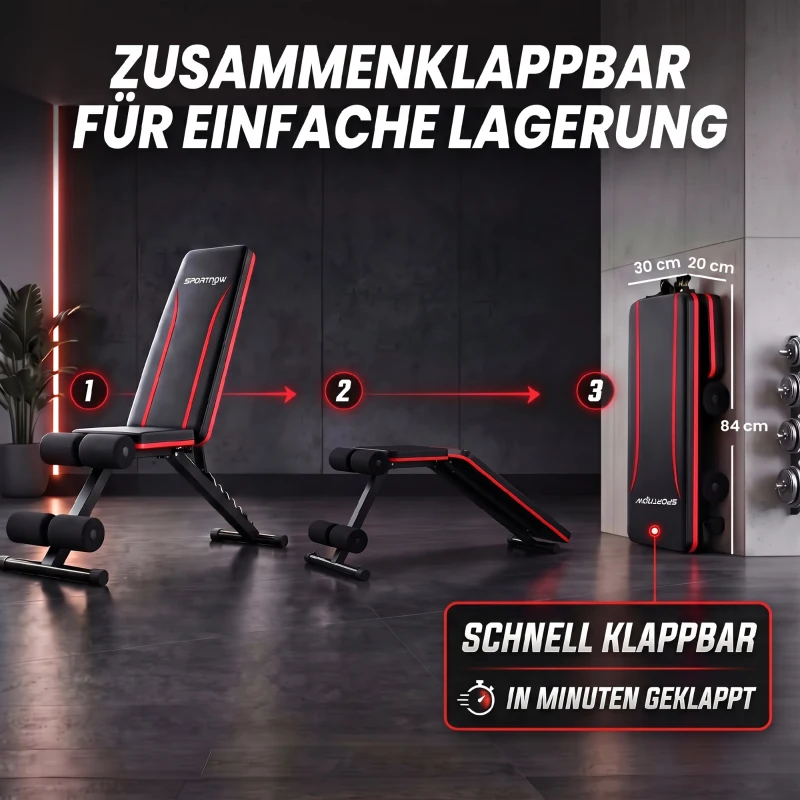 SPORTNOW Hantelbank verstellbar Klappbar Trainingsbank mit Beinstrecker 7-Fach verstellbarer Rückenlehne, Widerstandsbändern