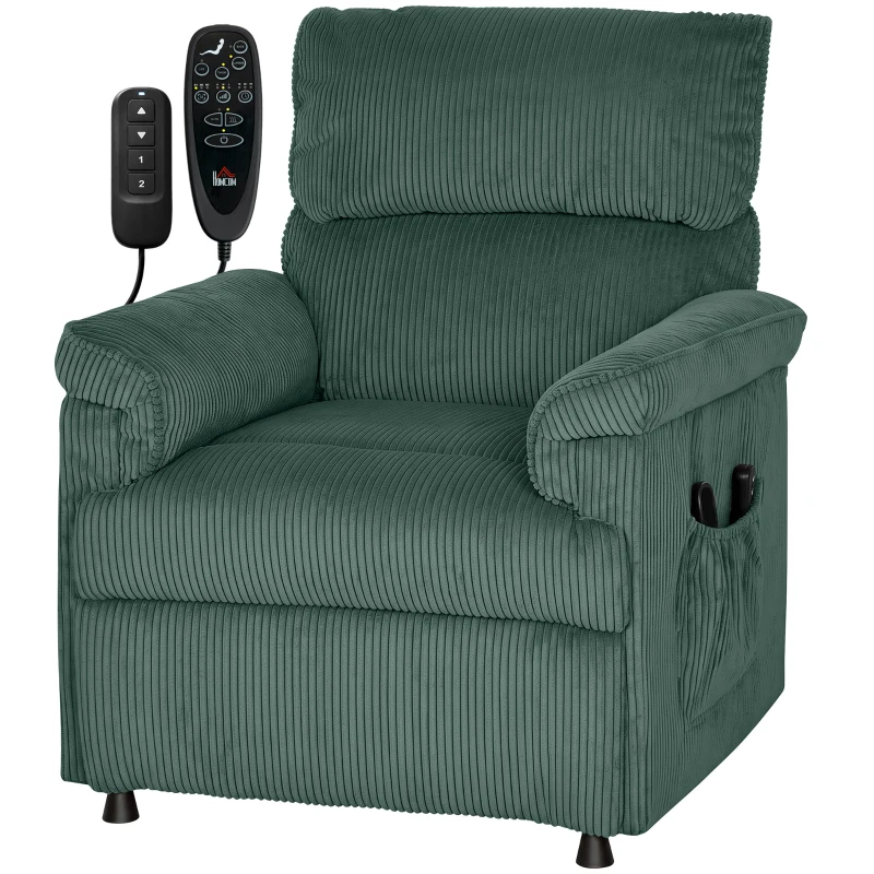 HOMCOM Corduroy Electric Recliner Armchair with Massage and Heat - Green