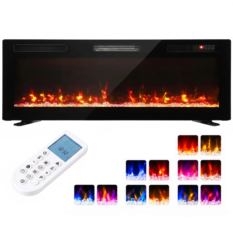 HOMCOM Ultra-Thin Electric Fire Wall Mounted/Recessed/Freestanding 127cm/50" Electric Fireplace with 12 Colours, 5 Brightness